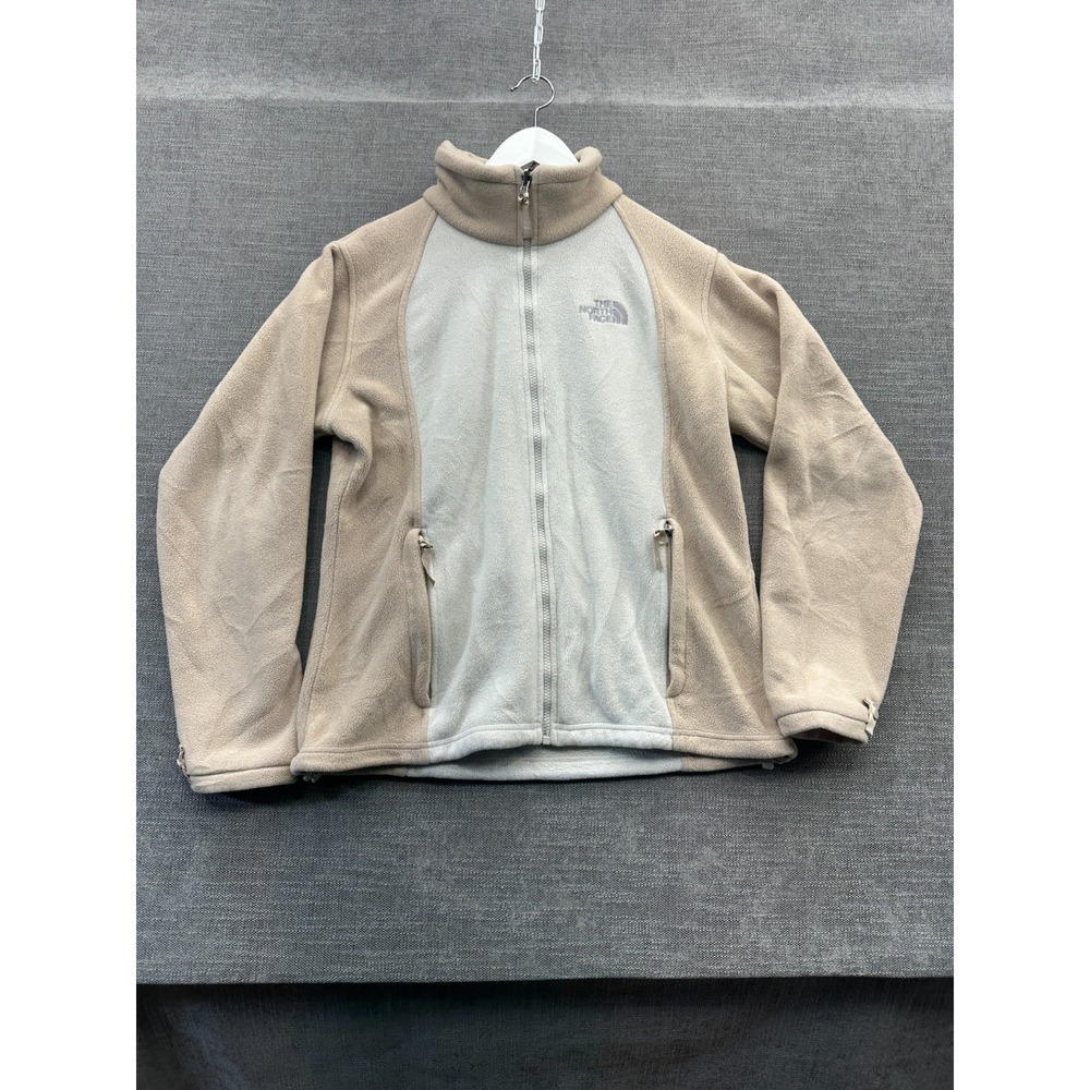 The North Face Fleece Jacket Womens Beige White Logo Mock Neck Full Zip Outdoor